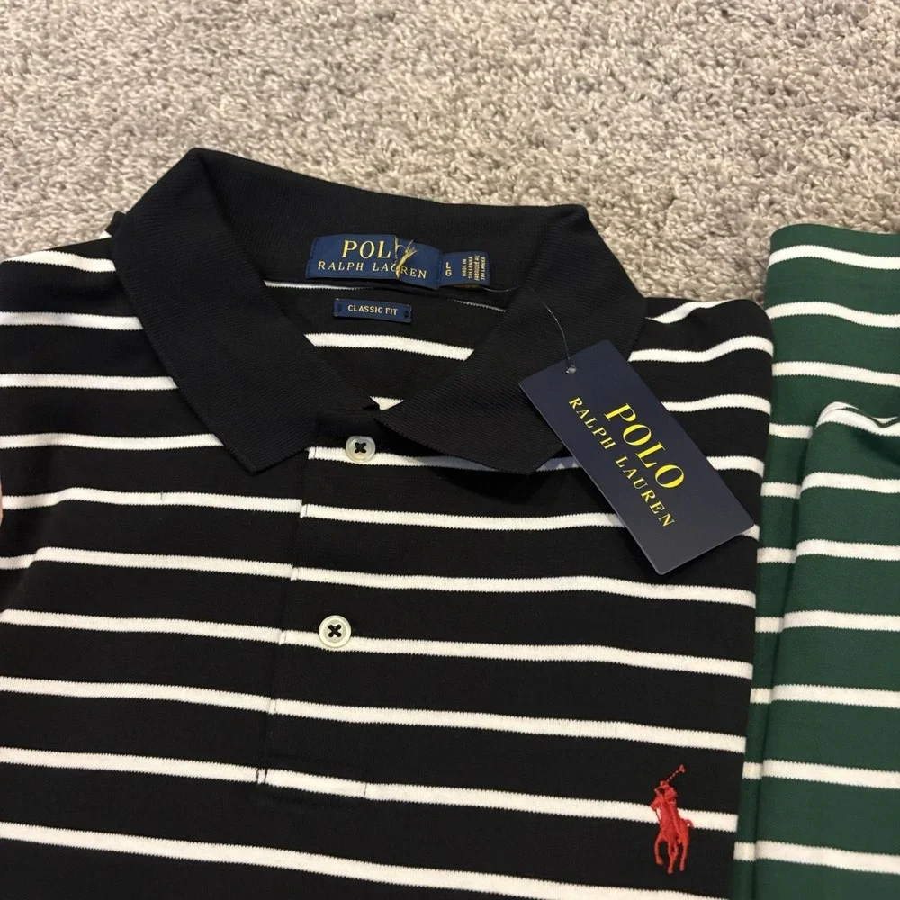LOT OF 2 NEW Polo Ralph Lauren Men's L Classic Fit Stripe Polo Shirt Black Green